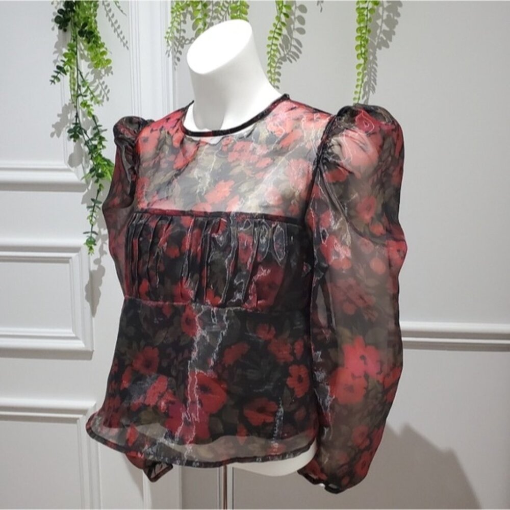 Floral Organza Cheer Puff Sleeve Babydoll Smocked Top